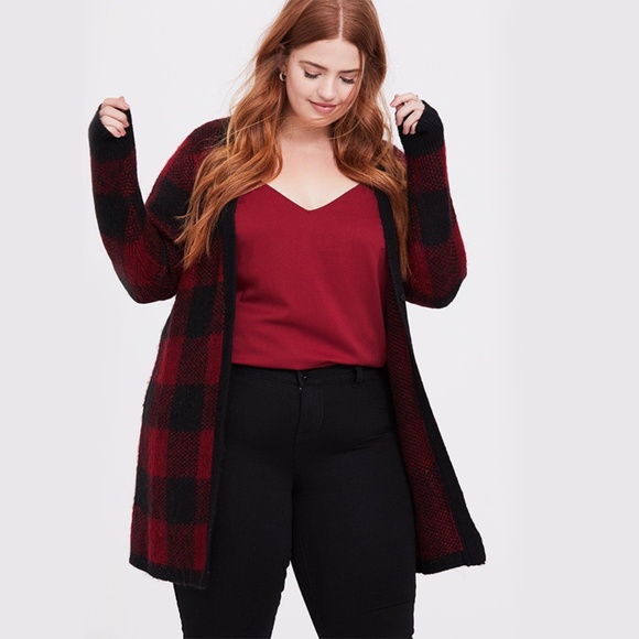 torrid Sweaters - Torrid Red and Black Plaid Cardigan